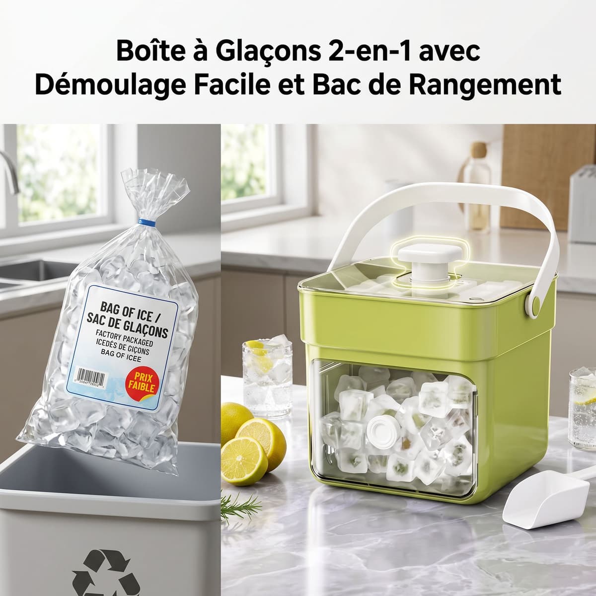 Boîte à Glaçons 2-en-1 avec Démoulage Facile et Bac de Rangement
